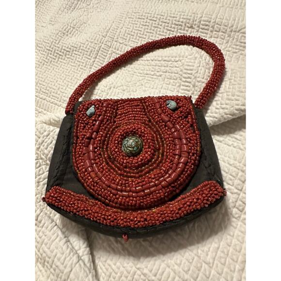 Vintage SUDHA Hand Beaded Red Coral Purse Bag ~ Turquoise Red - Picture 1 of 7